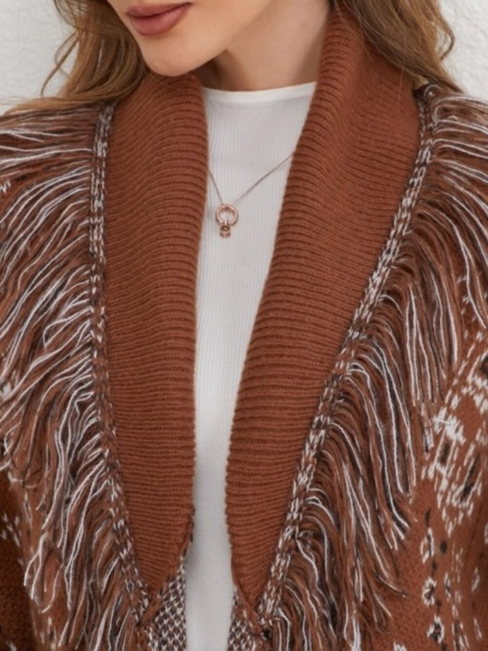 Western Fringed Ethnic Jacquard Cardigan - Picture 4 of 5